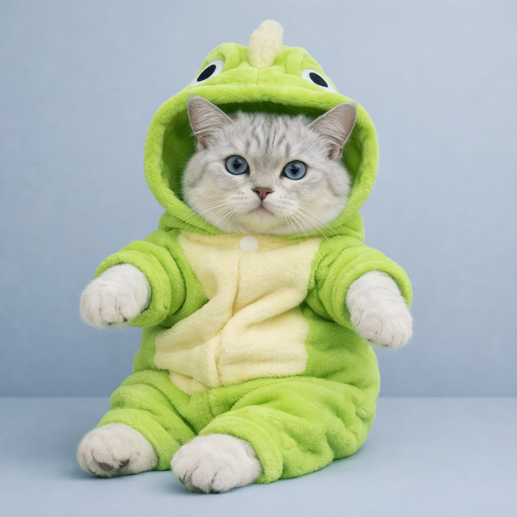 Cozy Dino Pet Costume – Soft Green Dinosaur Outfit for Cats & Small Dogs