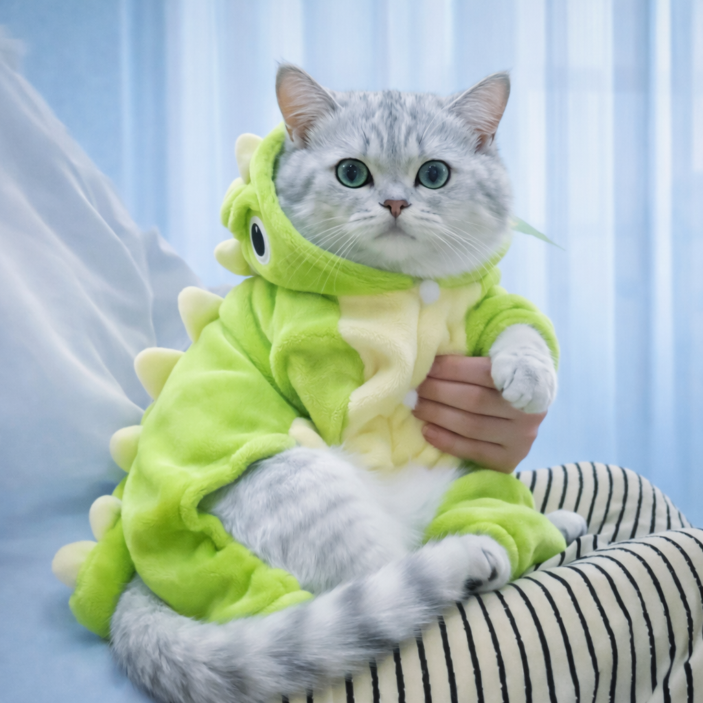 Cozy Dino Pet Costume – Soft Green Dinosaur Outfit for Cats & Small Dogs